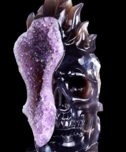 Amethyst Druse Agate Flame Human Skull Sculpture Hand Crafted Natural Crystal Ornament
