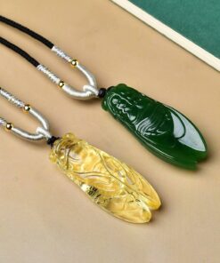 Natural Jade Cicada Pendant Necklace, Hand Carved Crystal Cicada Amulet for Students Exam Success